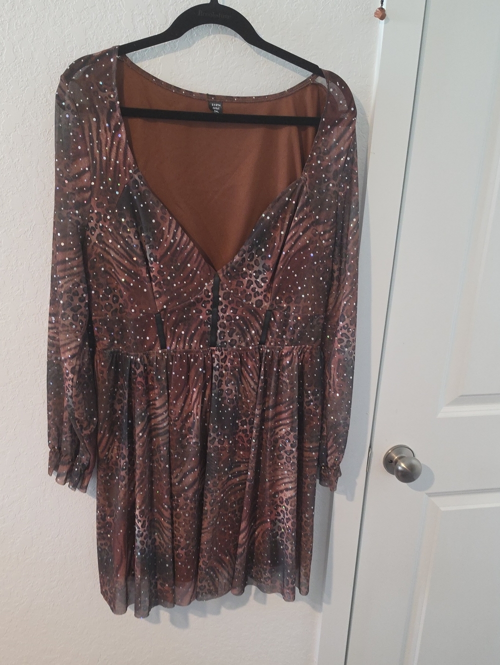 SHEIN Brown Printed Long Sleeve V-Neck Mini Dress with Sparkle